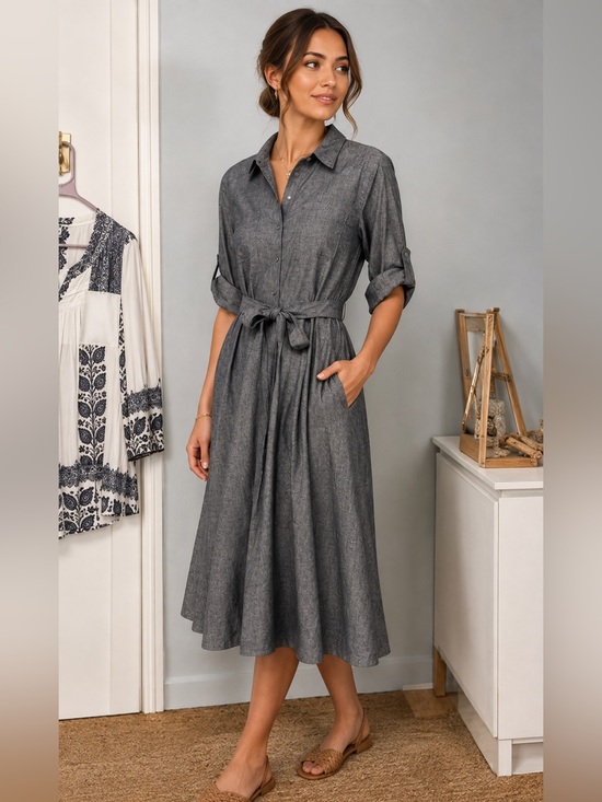 Max Studio Dresses & Skirts - Max Studio Linen Blend Roll-Tab Belted Midi Shirt Dress | Gray | Size Small